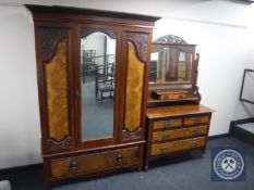 A Victorian mahogany and walnut mirrored wardrobe together with a four drawer dressing chest