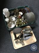 A box and a tray of assorted china, plated ware, flat irons,