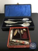 A small collection of penknives, silver brooch, cameo brooch etc,