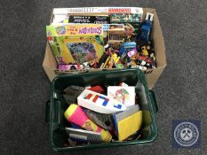 Two boxes of die cast vehicles, board games,