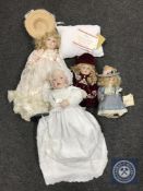 An ornamental lidded casket and A Victorian style Franklin doll together with three other dolls