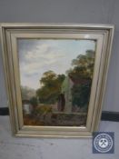 An overpainted print depicting Jesmond Dene waterfall, framed.