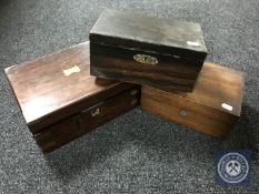 A Victorian rosewood writing box together with two Victorian jewellery caskets