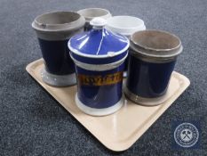 Five crackle-glaze apothecary-type jars (one with lid)