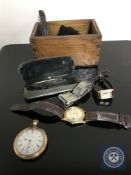 An oak cigarette box of assorted gent's watches including Seiko, Ingersoll, Waltham pocket watch,