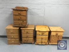 Four pine three drawer bedside chests together with a bedside cupboard fitted with a drawer