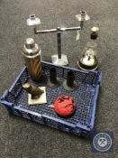 A stylish swirled glass and chrome cocktail shaker together with a Chinese cinnabar pot,