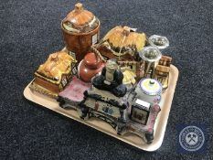 A tray containing cottage ware, pair of plated fluted vases, oriental ginger jar,