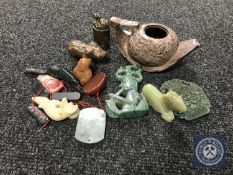 A Chinese soapstone teapot, lacking lid,