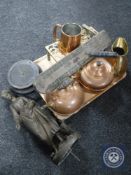 A tray of antique and later brass, copper, Spelter lady figure,