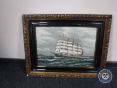 A continental school black and gilt framed oil of a four-masted sailing ship signed Hansen
