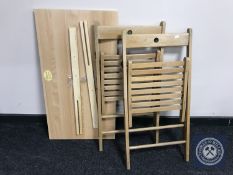 Three folding kitchen chairs, two 3' pine headboards,