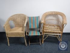 A mid 20th century folding child's deck chair together with two wicker armchairs