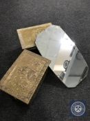 Two brass embossed coal receivers and an unframed mirror
