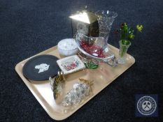 A tray of Maling ashtray, Wedgwood plate, glassware,