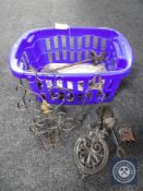 A box containing antique and later brass, metal items,