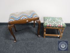 An antique mahogany tapestry upholstered dressing table stool together with an oak footstool