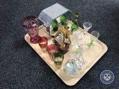 A tray containing mirrored jewellery casket and assorted glass ware,