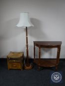 A reproduction d-shaped hall table fitted with a drawer together with a rush seated storage stool,