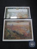 Two framed topographical prints of Newcastle