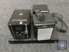 A Samsung DVD recorder with remote and a micro hi/fi system