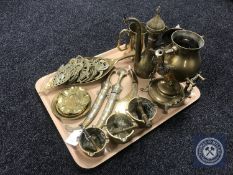 A tray of assorted brass ware including three mortar and pestles, brass spirit kettle on stand,