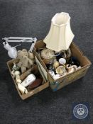 Two boxes of studio pottery table lamp with shade, assorted china, angle poise lamp, mantel clock,