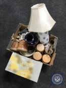 A box of Staffordshire dogs, Hornsea storage jars, table lamp with shade,