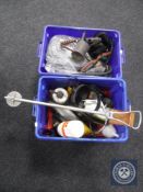 Two boxes containing shooting stick, two vintage blow torches, welder's mask,