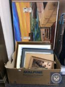 Eight assorted framed pictures - Hugh Monaghan signed print, oil on board of North Shields pier,