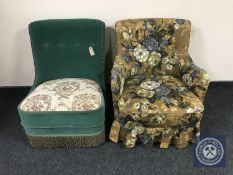 A mid 20th century green dralon bedroom chair and an armchair with loose covers