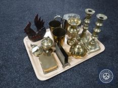 A tray containing assorted brass ware including cigarette box, letter holder, candlesticks,