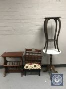 A marble topped wine table together with a two-tier plant stand,