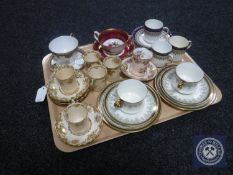 A tray of assorted teacups and saucers including Paragon,