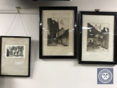 Three framed black and white etchings to include an A. Simms scene of Tewkesbury and two J.