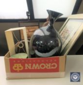 A box containing contemporary vases, carved wooden figure, tapestry, framed prints,