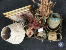 Two boxes containing contemporary vases, signed prints,