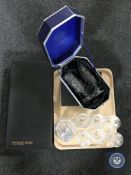 A tray of cut glass decanter and six wine glasses, pair of boxed Stewart Crystal vases,