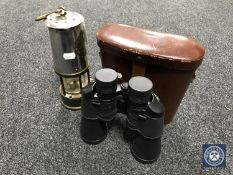 An Eccles Protector type 6RS miner's lamp together with a set of leather cased 10X50 binoculars