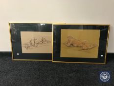 Two gilt framed pastel drawings,