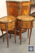 A pair of reproduction gallery topped oval tables fitted with three drawers, width 43 cm each.