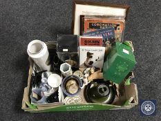 A box of commemorative books, colour etchings, Chokin ware, dog figures,