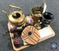 A tray containing Oriental resin figures, cloisonne vase,