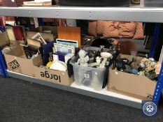 Four boxes of garden ornaments, lights, telephone set, pictures, prints,