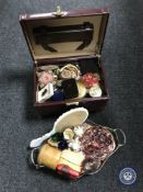 A jewellery box of costume jewellery and compacts together with an EPNS tray containing miniature