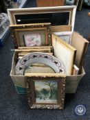 A box containing assorted pictures and prints, print of a ship, white and gilt triple mirror,