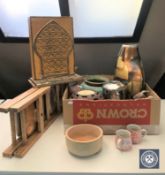 A box of contemporary vases, tea light holders, tea china,