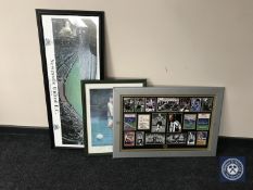 Three framed Newcastle United prints including a montage of Newcastle greats and cup final