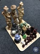 A tray containing oriental resin and pottery figures