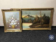 A large gilt framed oil on canvas landscape plus one other still life oil